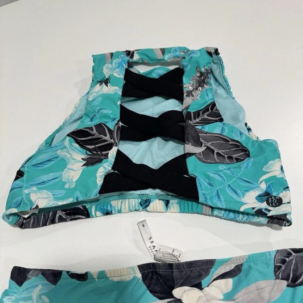 SEAFOLLY ANTHROPOLOGIE TROPICAL VACAY GREEN FLORAL BIKINI BOTTOMS (8)‎ TOP (XS)